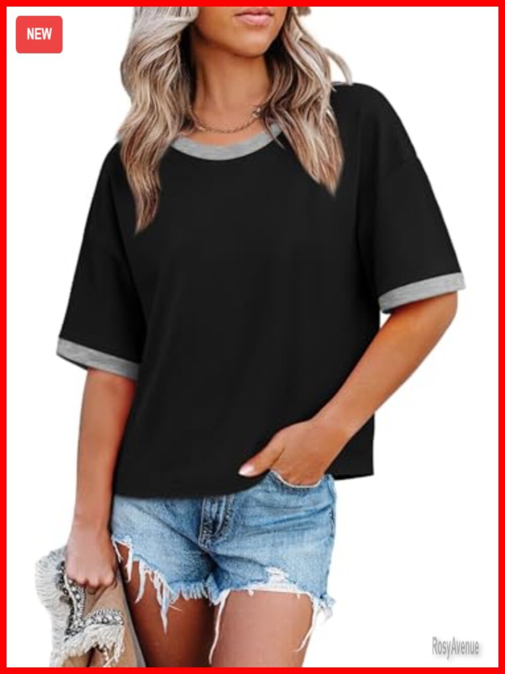 Womens Oversized Half Sleeve Crew Neck Color Block Summer Tee